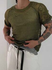 Breathable Perforate Hollow Knitted Loose Casual College Unisex Round Neck Short Sleeve Pullover Sweater For Spring, Summer And Autumn