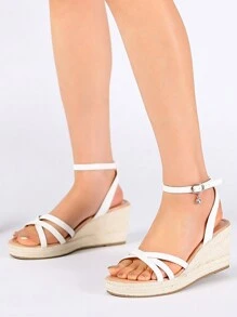 Simple & Versatile Pure White Cool Strap Sandals For Women, Holiday & Casual Style, Ladies' Wedge & Thick Platform Woven Sandals