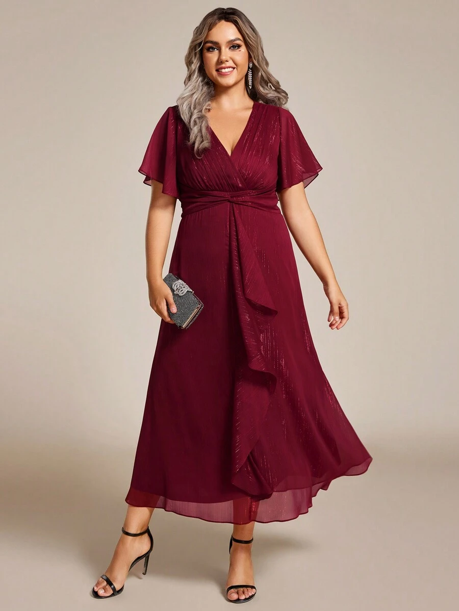 EVERPRETTY Plus Size Elegant V-Neck Ruffle Sleeve Knot Design Bridesmaid Dress - Burgundy - View 1