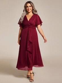 EVERPRETTY Plus Size Elegant V-Neck Ruffle Sleeve Knot Design Bridesmaid Dress - Burgundy - View 4