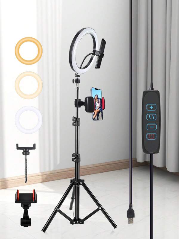 A Set Of 10 Inch LED Selfie Ring Lights With 43 Inch Tripod And 2 Phone Clips, Adjustable Dimming Knob Control, USB Power Supply | Perfect For Makeup, Video Recording, Halloween Party Live Streaming Lights, Universal Gimbal Can DIY Compatible With More Ring Lights, Camera Use