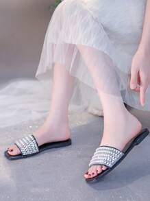 Women's Flat Pearl Slippers, Fashion Square Toe Slip-On Flat Sandals For Summer Beach