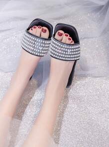 Women's Flat Pearl Slippers, Fashion Square Toe Slip-On Flat Sandals For Summer Beach