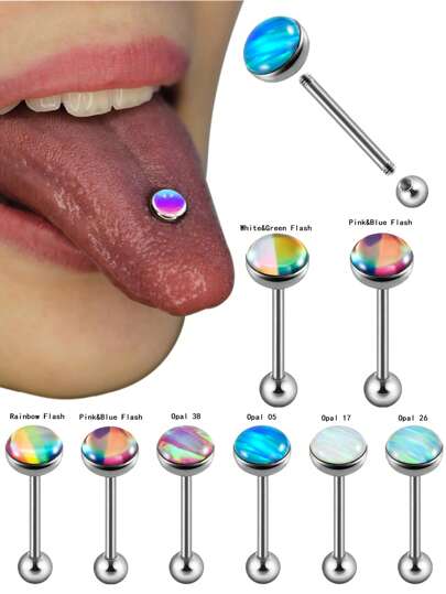 1 Stück Edelstahl Opal Zungenpiercing für Frauen, glitzernder silbriger Zungen-Barbell mit Außengewinde für Körperschmuck 14g