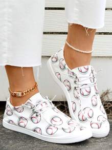 Mujer Primavera Nueva Mocasines planos de moda casual atléticos cómodos y ligeros con estampado de béisbol blanco, punta redonda y diseño slip-on, tallas grandes - Blanco - Ver 1