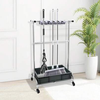 CNCEST Mop And Broom Holder, Movable Floor-Mounted Mop Rack, Multifunctional Cleaning Tool Trolley With 12 Foldable Hooks, Broom Holder Mop Holder, Floor Standing Cleaning Tool Cart