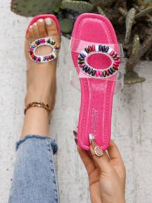 1 par de sandalias transparentes especiales de verano para niños con suela antideslizante, estilo princesa rosa de moda con cuentas de colores, chanclas planas para niñas de 3 a 12 años, para interiores, exteriores, ocio y vacaciones