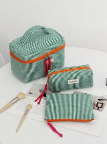 1Pc/Set Plaid Design Green Color Contrast With String Multi-Functional Cosmetic Organizer Handbag Bath Shower Wallet Pouch Portable Cosmetics Brush Storage Clutch With Zipper Closure For Lipstick, Brush, Skincare, Mobile Phone, Coin, Small Items Summer Travel, Vacation Home Bathroom Decor Holiday Bathroom Accessories Back To School