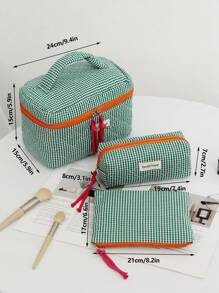 1Pc/Set Plaid Design Green Color Contrast With String Multi-Functional Cosmetic Organizer Handbag Bath Shower Wallet Pouch Portable Cosmetics Brush Storage Clutch With Zipper Closure For Lipstick, Brush, Skincare, Mobile Phone, Coin, Small Items Summer Travel, Vacation Home Bathroom Decor Holiday Bathroom Accessories Back To School