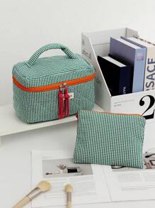 1Pc/Set Plaid Design Green Color Contrast With String Multi-Functional Cosmetic Organizer Handbag Bath Shower Wallet Pouch Portable Cosmetics Brush Storage Clutch With Zipper Closure For Lipstick, Brush, Skincare, Mobile Phone, Coin, Small Items Summer Travel, Vacation Home Bathroom Decor Holiday Bathroom Accessories Back To School