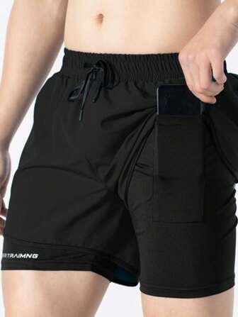 Men's Solid Color 2 In 1 Shorts With Pockets, Summer Outdoor Sports Drawstring Shorts