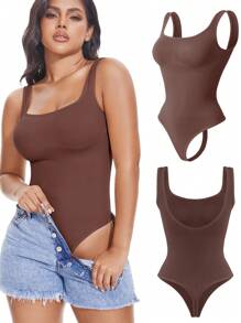 Seamless Women Thong Shapewear Bodysuit Tummy Control Abdomen Compression Backless Body Shaper Tank Top Vest Underwear Undershirts Shirts Lingerie Sleeveless Wide Shoulder Straps - 棕色 - 查看 1