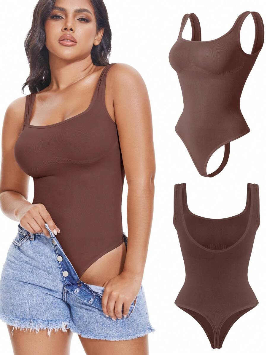 Seamless Women Thong Shapewear Bodysuit Tummy Control Abdomen Compression Backless Body Shaper Tank Top Vest Underwear Undershirts Shirts Lingerie Sleeveless Wide Shoulder Straps - 棕色 - 查看 1