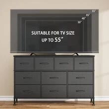 GIKPAL 10 Drawer Dresser For Bedroom, Dresser TV Stand With Power Outlets, Entertainment Center Chest Of Drawers For 55'' Long TV, Wide Fabric Dresser For Storage And Organization - PU đen - Xem 4