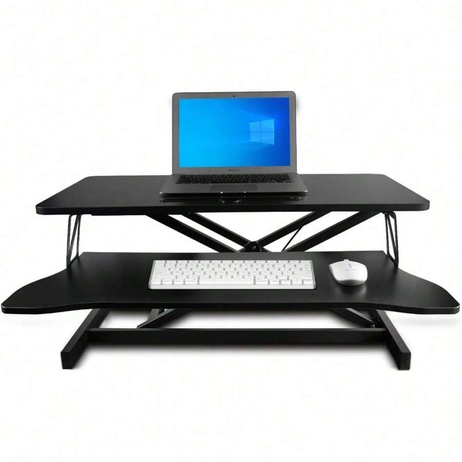 Height-Adjustable Standing Desk Converter With 81cm Wide Platform For Dual Monitors & Keyboard Tray - Black - View 1