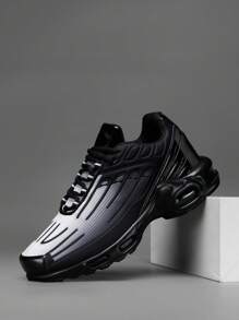 New Spring Men Plus-Size Casual Solid Color Lace-Up Running Shoes, Comfortable Non-Slip Walking Shoes With Hook Loop Closure, Easy To Clean Breathable Mesh, Sports School Campus Style - Black and White - View 3