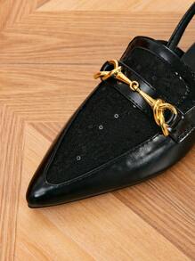 Zuecos de malla con puntera puntiaguda y hebilla, planos para mujer para primavera/verano, mocasines negros planos