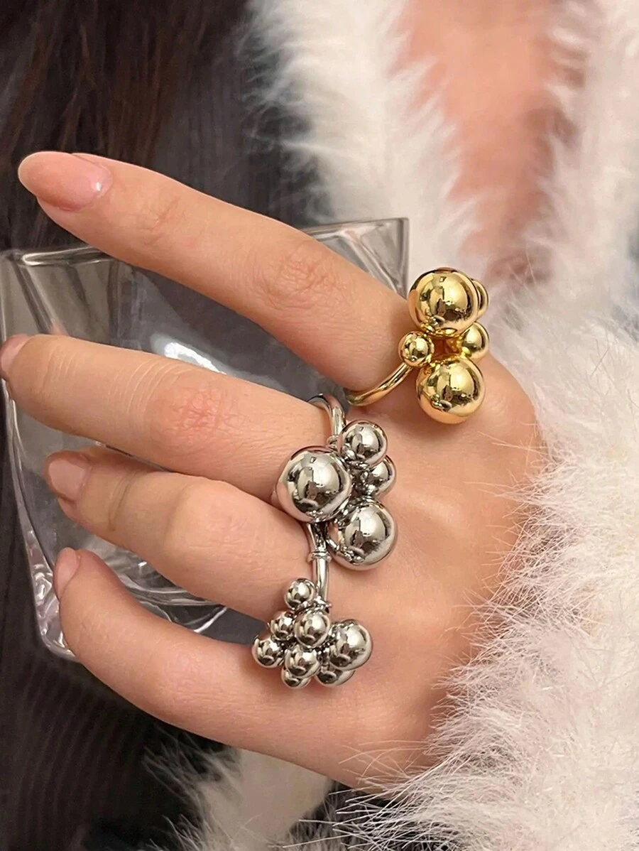 Uworld 1 pieza de un anillo de acero inoxidable con baño de oro de 18K de diseño a juego en color dorado y plateado, con esfera metálica de moda y personalizado, adecuado para fiestas, vacaciones, festivales, ir al trabajo, etc. - diseño de bola de metal - Ver 1