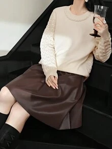 韩版高腰修身棕色皮裙，时尚优雅迷你裙，春秋 - 咖色 - 查看 2