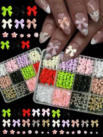 12 件盒装混合树脂蝴蝶结、金色/银色丝带、小蝴蝶结、珍珠、珠子美甲装饰、DIY 配件