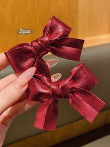 2pcs Red Bow Hair Clips, Fashionable & Sweet Style, Suitable For Daily Use Hair Accessory - Red - View 3