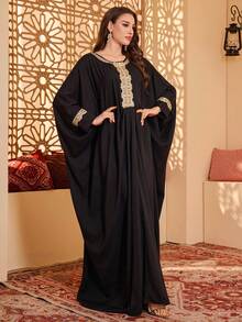 Women's /Arabian Style Embroidered Trim Fashion Dress/Robe - Black - View 2