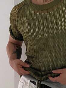 Breathable Perforate Hollow Knitted Loose Casual College Unisex Round Neck Short Sleeve Pullover Sweater For Spring, Summer And Autumn