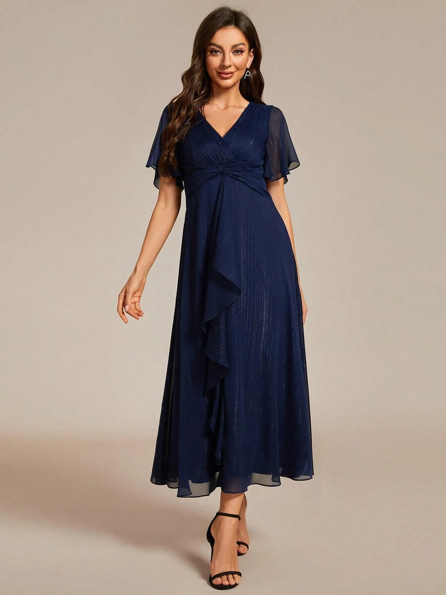 EVERPRETTY Spring Elegant V Neck Ruffle Sleeve Kink Design Navy Blue Bridesmaid Dress Wedding Guest Gown For Wedding - Navy Blue - View 1