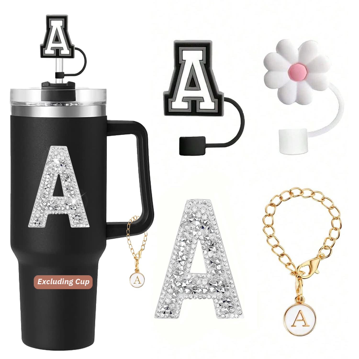 4Pcs Designed For Cup Accessories 30&40 Oz, 2Pcs Silicone Straw Cover, Initial Name ID Letter Handle Charm, Glitter Rhinestone Alphabet Self-Adhesive Letter, Sweet Lovely Personalized A-Z Initial Name ID Charm(Silver) - White - View 1