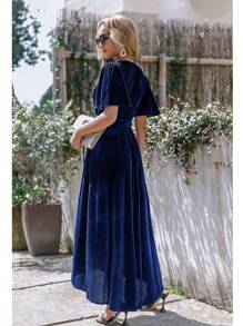 Women's Velvet V Neck Wrap Semi Formal Dress Cocktail Party Maxi Dress For Wedding Guest - Màu xanh hải quân - Xem 2