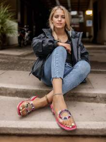 1 par de sandalias transparentes especiales de verano para niños con suela antideslizante, estilo princesa rosa de moda con cuentas de colores, chanclas planas para niñas de 3 a 12 años, para interiores, exteriores, ocio y vacaciones
