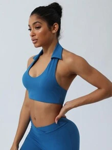 Sodalemon Spring And Summer Women Solid Color Halter Backless Lapel Backless Sport Bra - Blue - View 4