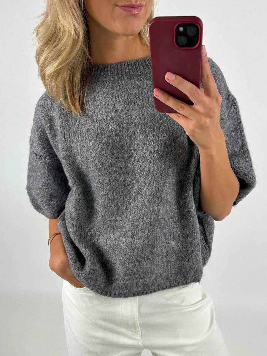 Women's Spring Autumn Knit Sweaters Half Sleeve O Neck Solid Color Casual Knitwear - Dark Grey - View 1