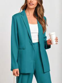 Women's Spring Two-Piece Work Suit Casual Loose Long Suit Jacket And Formal Wide Leg Pant Suit With Pockets - Bluish green - View 2