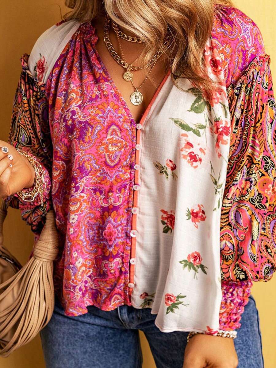 CILKOO Plus Size Women Multicolor Floral Patchwork Ruffle Cuff Button Down Shirt - Pink - View 1