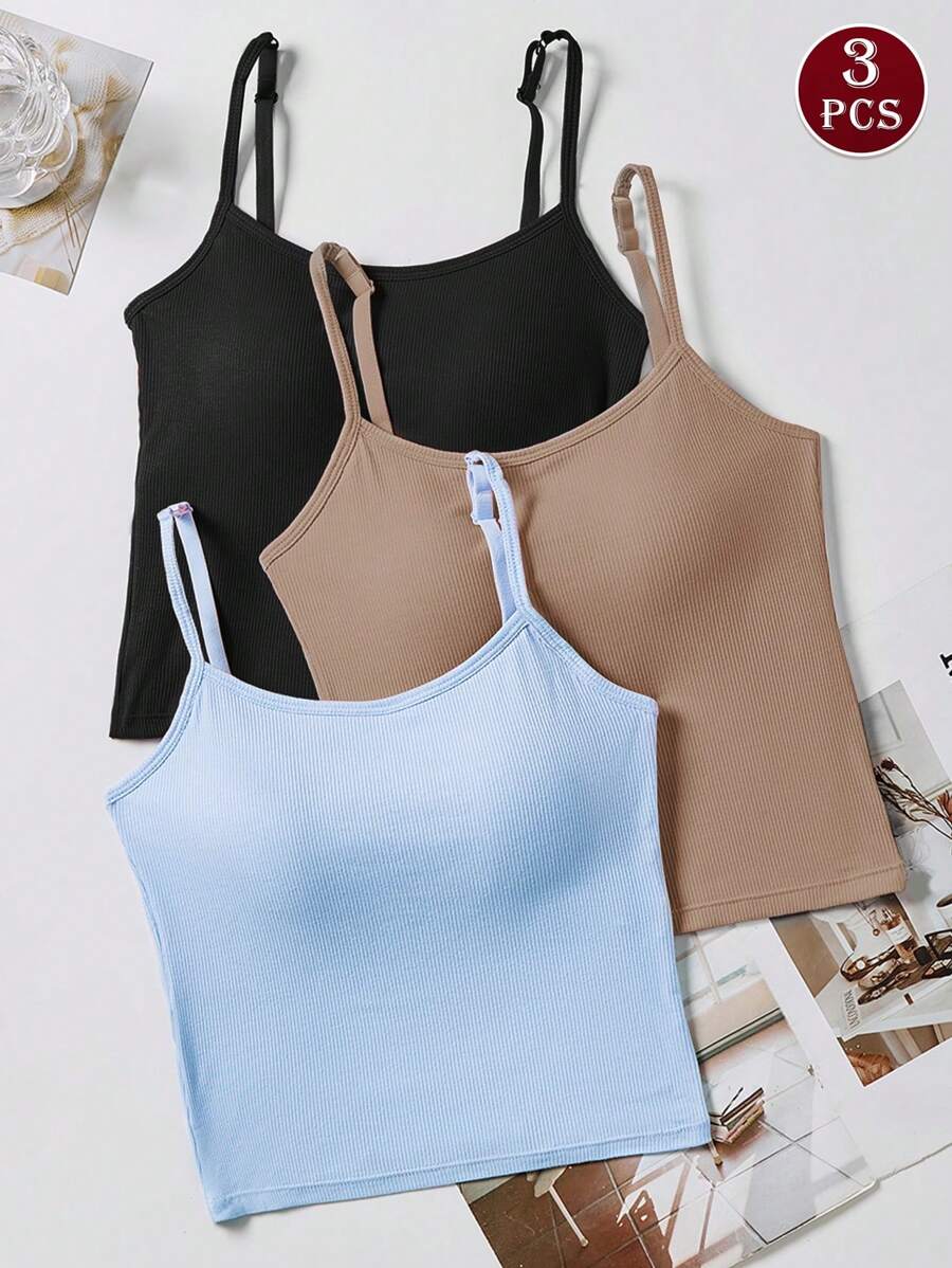 3pcs/Set Women Solid Color Ribbed Camisole Top With Padding, Casual Sexy Cropped Tank Top, Workout - Multicolor - View 1