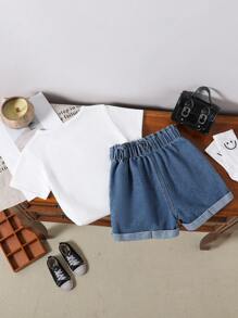 Toddler Cartoon Print Short Sleeve Tee And Denim Shorts Set - White - View 2