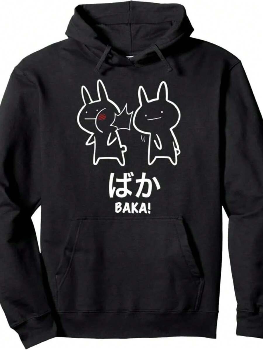Men And  Anime Funny Stupid Rabbit Slapping Hoodie - Baka Japanese Print Hoodie Pullover Long Sleeve Halloween, Christmas, Merry - Black - View 1