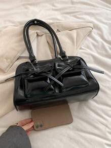 1 件女士休闲手提包，大容量 PU 办公手提包，带多个口袋，时尚简约单肩包 - 黑色 - 查看 6