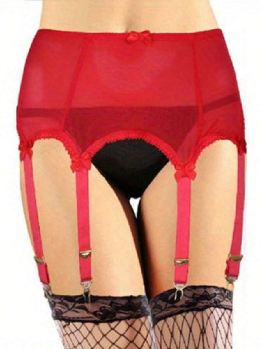 Women High Waist Garter Belt, Sexy Lingerie Suspender Elastic Belt Lace Mesh Suspender Belt With Metal Clip For Stockings - 紅色 - 查看 1