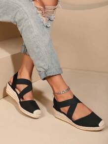 Fashion Cord-Tie Woolen Cloth Fully-Wrapped Heel Slip-On Wedge Shoes For Women