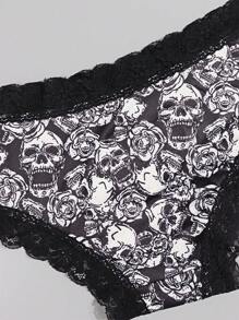 Dircho 3pcs Women Sexy Gothic Chic Contrast Lace Mid-Rise Bikinis - Contrast Lace, Allover Halloween S Skull & Skeleton Man Print, Comfortable Hipster Panties For Women - Halloween Lingerie & Underwear - Multicolor - View 4