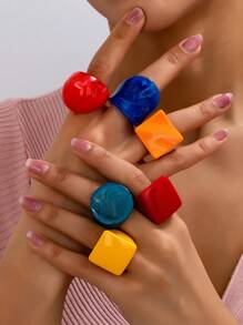 6pcs Set Vintage Exaggerated Acrylic Rings, Multi-Color Fashionable Personalized Rings Suitable For Gifts, Parties And Daily Wear For Women - Multicolor - View 1