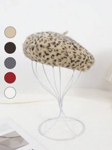 1 pièce Béret en tricot rétro sexy et moelleux avec imprimé léopard bicolore pour femme. Chaud pour l'automne, convient pour une sortie quotidienne et pour assortir - Imprimé léopard en peluche - Voir 12