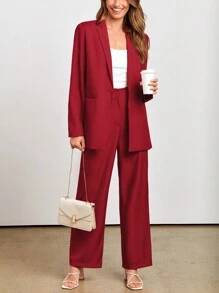 Women's Spring Two-Piece Work Suit Casual Loose Long Suit Jacket And Formal Wide Leg Pant Suit With Pockets - 紅色 - 查看 3