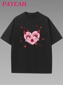 Payeah Valentine's Day Crying Heart Graphic Print Women's Comfort Crew Neck T-Shirt 1 Pcs 220g Heavy Cotton T Shirt - 黑色 - 查看 1