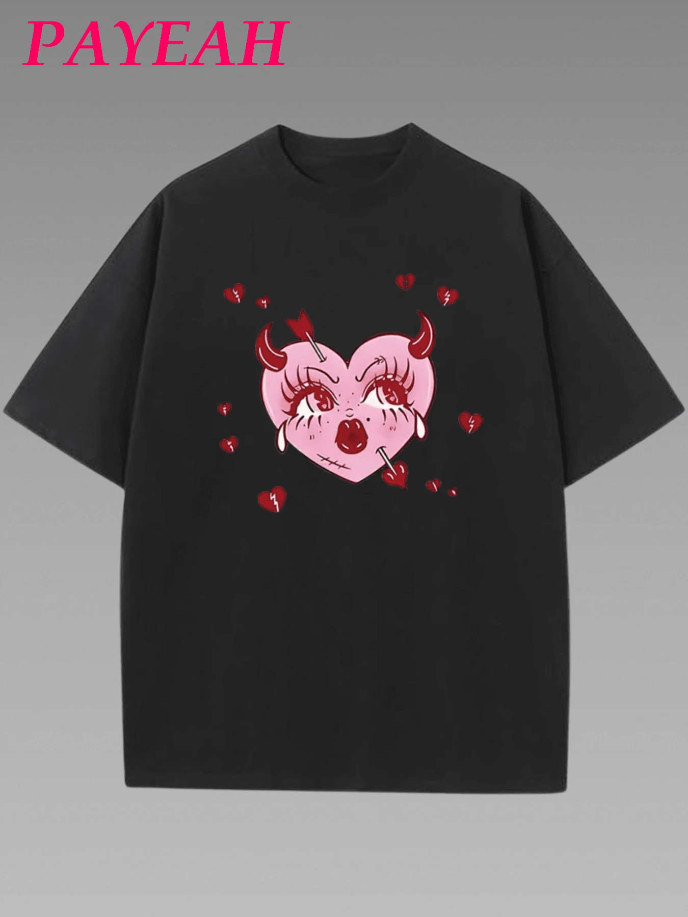 Payeah Valentine's Day Crying Heart Graphic Print Women's Comfort Crew Neck T-Shirt 1 Pcs 220g Heavy Cotton T Shirt - 黑色 - 查看 1