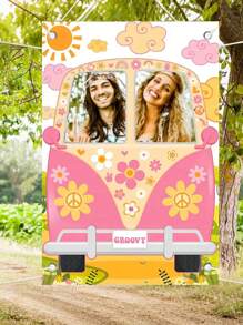 3.28ft*4.92ft(100cm*150cm)/4.92ft*6.56ft(150cm*200cm)-Hippie Bus Photo Props Groovy Party Decorations Large Fabric Groovy Van Props Hippie Selfie Framed Backdrop Banner Birthday Party Supplies Vintage Daisies 60's 70's Party Favors 59 X 39.4 Inches-Valentine's Day Photo Props - Multicolor - View 4
