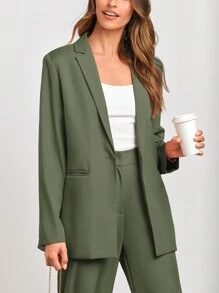 Women's Spring Two-Piece Work Suit Casual Loose Long Suit Jacket And Formal Wide Leg Pant Suit With Pockets - 軍綠色 - 查看 2