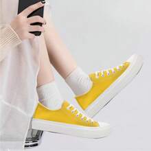 Ladies Canvas Shoes Men Women, Unisex Lace Up Plimsolls Pumps Low Top Trainers For Men Casual Sneakers Canvas Plimsoles Flat Shoes - Yellow - View 2